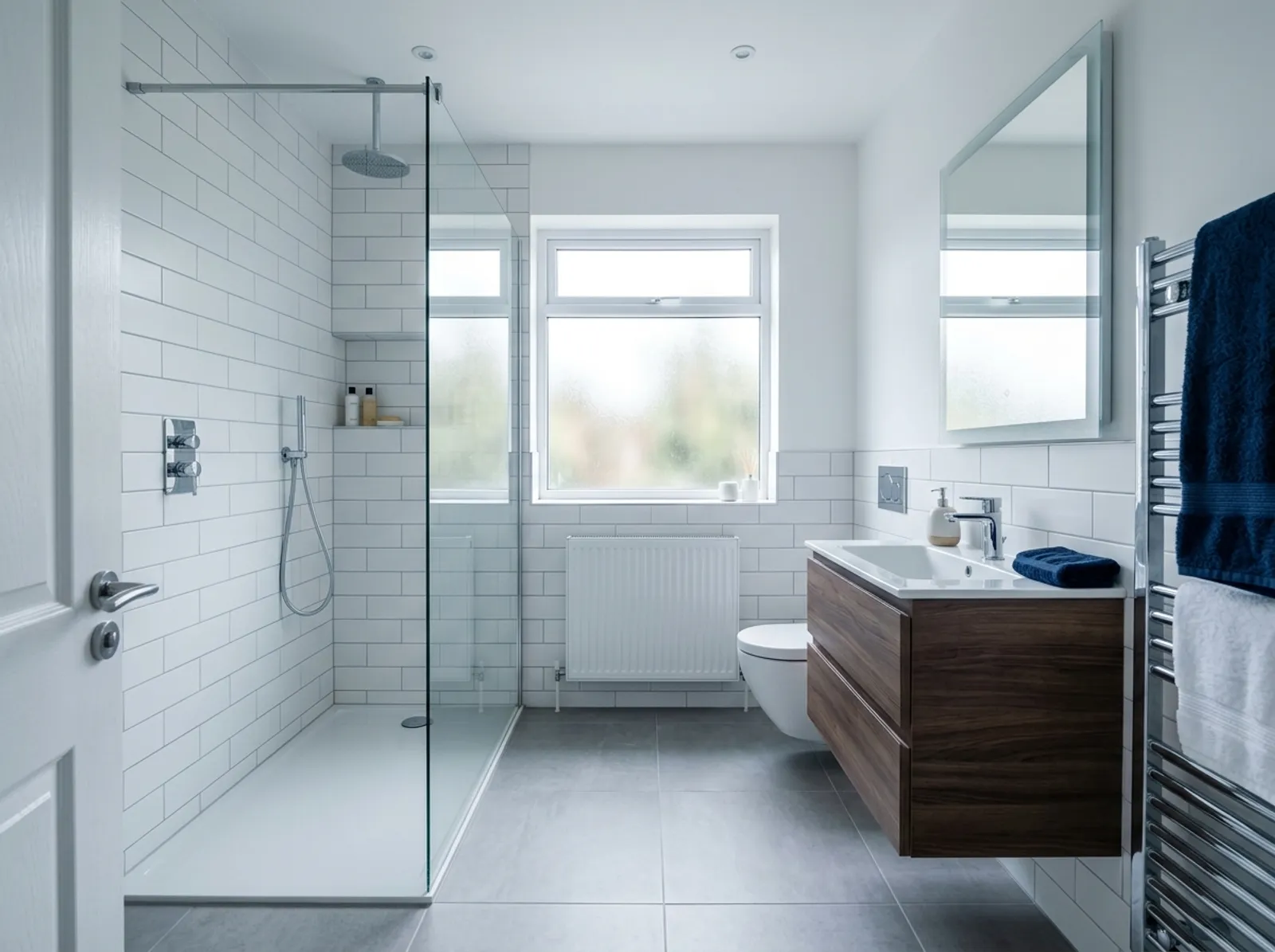 A newly fitted modern UK bathroom with a walk-in shower, tiling and vanity unit