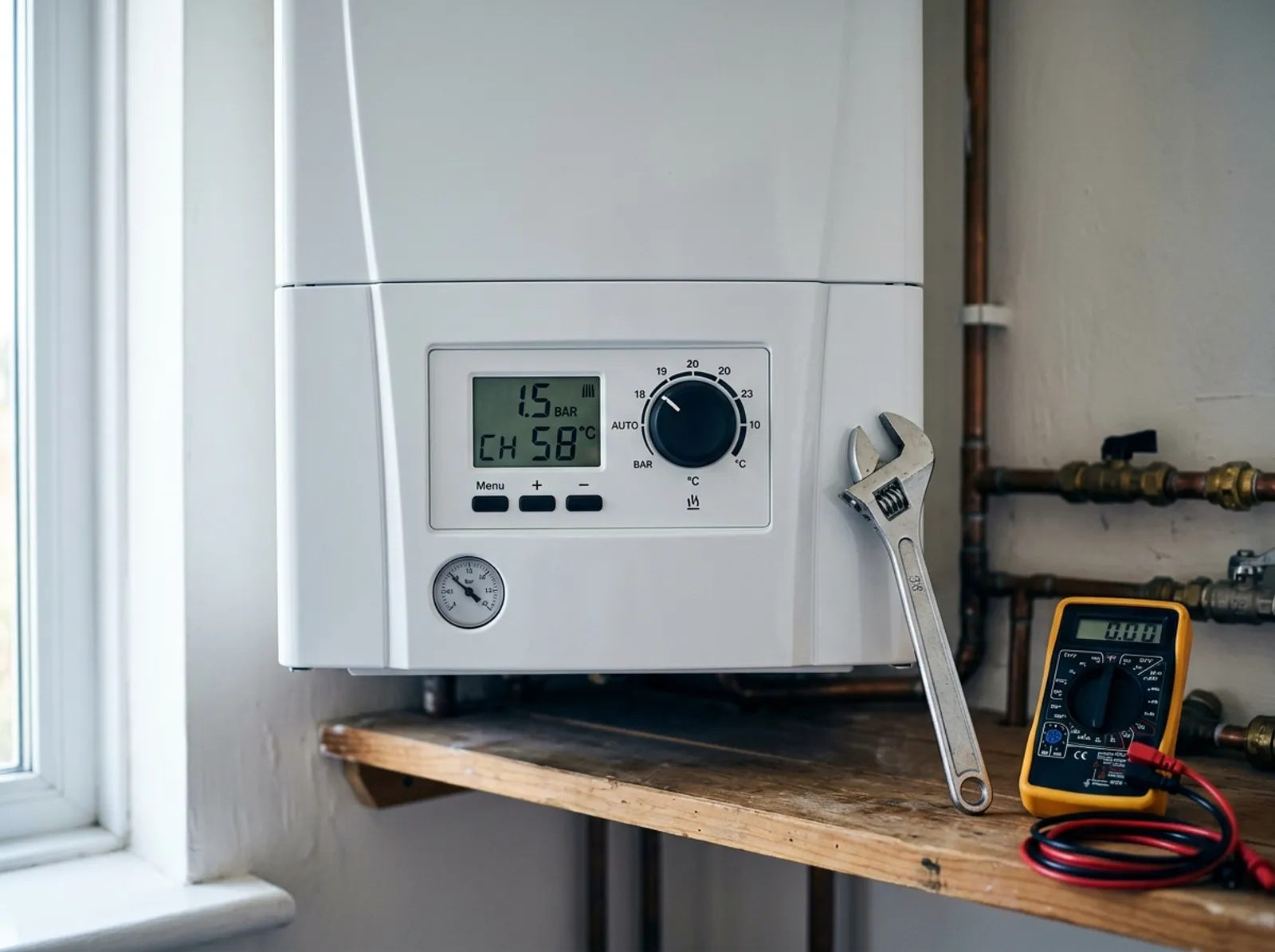 An engineer's spanner and multimeter beside a wall-hung boiler's pressure gauge and control dial during a repair