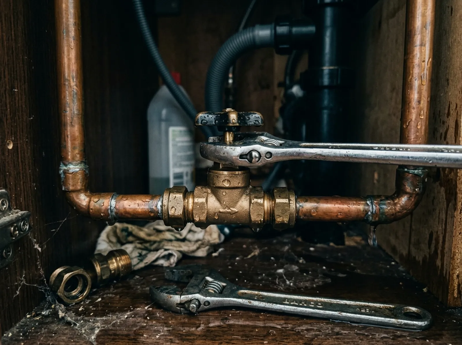 A stopcock and copper pipework being shut off during an emergency plumbing job